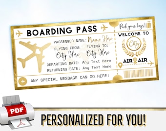 PERSONALIZED FOR YOU Gold Boarding Pass Plane Ticket Gift - Flight Voucher - Birthday Christmas Surprise Vacation - Print pdf Template - #8P