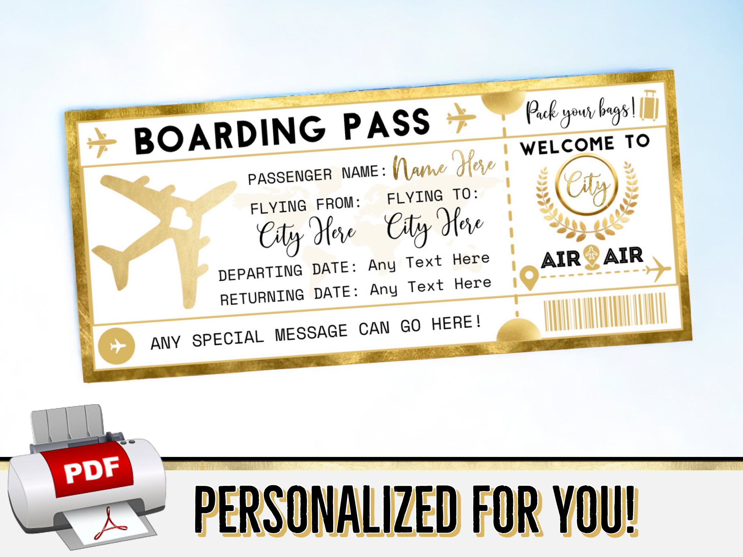 PERSONALIZED FOR YOU Gold Boarding Pass Plane Ticket Gift - Flight