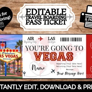 INSTANT EDITABLE Personalized Las Vegas Boarding Pass Souvenir Ticket for Gift Giving Edit & Print Printable Template Surprise Reveal image 1