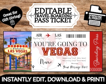 DIRECT BEWERKBAAR Gepersonaliseerde Las Vegas Boarding Pass Souvenir Ticket voor het geven van geschenken | Bewerken en afdrukken | Afdrukbare sjabloon Verrassing onthullen