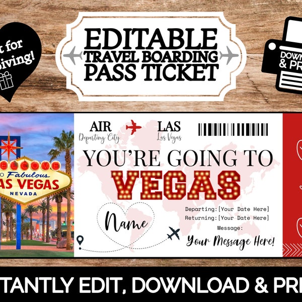 INSTANT EDITABLE Personalized Las Vegas Boarding Pass Souvenir Ticket for Gift Giving | Edit & Print | Printable Template Surprise Reveal