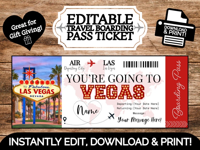 DIRECT BEWERKBAAR Gepersonaliseerde Las Vegas Boarding Pass Souvenir Ticket voor het geven van geschenken Bewerken en afdrukken Afdrukbare sjabloon Verrassing onthullen afbeelding 1