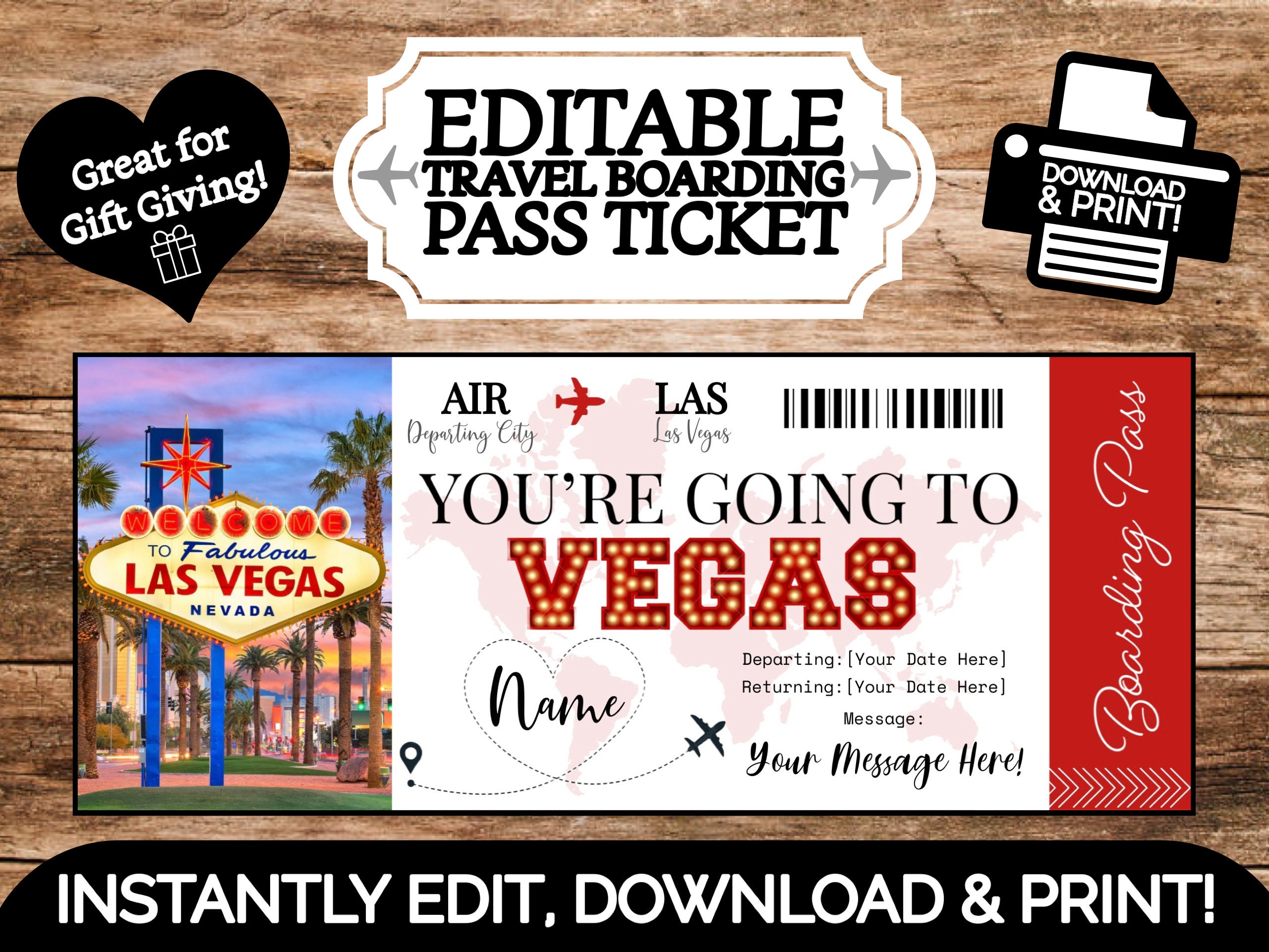 Biglietto simulato per un viaggio regalo a Las Vegas. Download