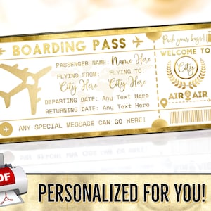 PERSONNALISÉ POUR VOUS Carte d'embarquement en or billet d'avion cadeau - bon de vol - anniversaire Noël surprise vacances - modèle d'impression pdf - n° 5 P