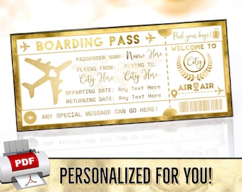 PERSONALIZED FOR YOU Gold Boarding Pass Plane Ticket Gift - Flight Voucher - Birthday Christmas Surprise Vacation - Print pdf Template - #5P