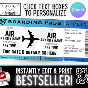Gifs de cartão de embarque de viagem de passagem aérea personalizada INSTANTÂNEAMENTE EDITÁVEIS | Ideia surpresa de férias de Natal para aniversário | PDF para impressão