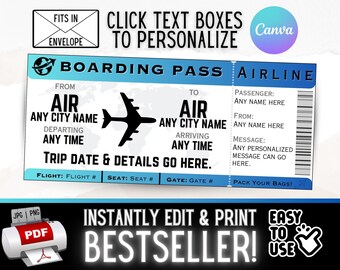 INSTANT EDITABLE Personalized Airplane Flight Ticket Travel Boarding Pass Gifs | Surprise Christmas Vacation Birthday Idea | Printable pdf