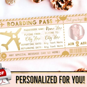 PERSONNALISÉ POUR VOUS, cadeau billet d'avion, carte d'embarquement rose or rose, bon de commande de vol - modèle PDF imprimable anniversaire Noël vacances #6P