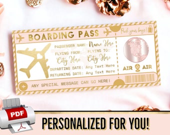 PERSONALIZED FOR YOU Rose Gold Pink Boarding Pass Plane Ticket Gift, Flight Voucher - Birthday Christmas Vacation Printable pdf Template #6P