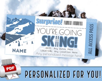 PERSONALISIERT FÜR SIE Skiing Trip Surprise Ticket | Ski, Ski, Ski fahren | Geschenk-Andenken | Geburtstag Weihnachten Urlaub | Druckbare pdf-Vorlage