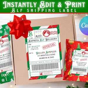 Plantilla de etiqueta de envío de elfo personalizada editable / Correo del Polo Norte navideño imprimible / Ideas de regalos personalizados / PDF fácil de editar