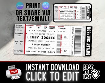 INSTANTLY EDIT Realistic Concert Ticket Stub Replica Printable Template | Personalized Birthday Graduation Christmas Gift Ideas | Easy