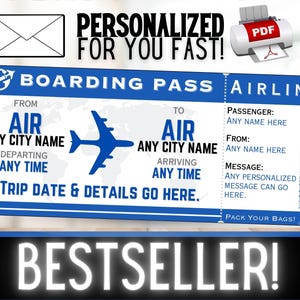 PERSONNALISÉ POUR VOUS Avion Vol Voyage Carte d'embarquement Billet cadeau | Bon cadeau d'idée d'anniversaire pour les vacances de Noël surprise | PDF imprimable