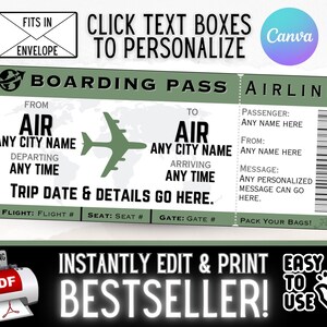 Gifs de cartão de embarque de viagem de passagem aérea personalizada INSTANTÂNEAMENTE EDITÁVEIS | Ideia surpresa de férias de Natal para aniversário | PDF para impressão