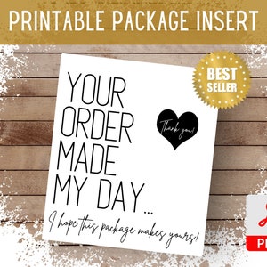 DRUCKBAR Ihr Paket Made My Day Kundenbestellung Packzettel | Schwarz Weiß Versandeinlage | PDF | 3.5x4 Dankeskarte | Sofort Download