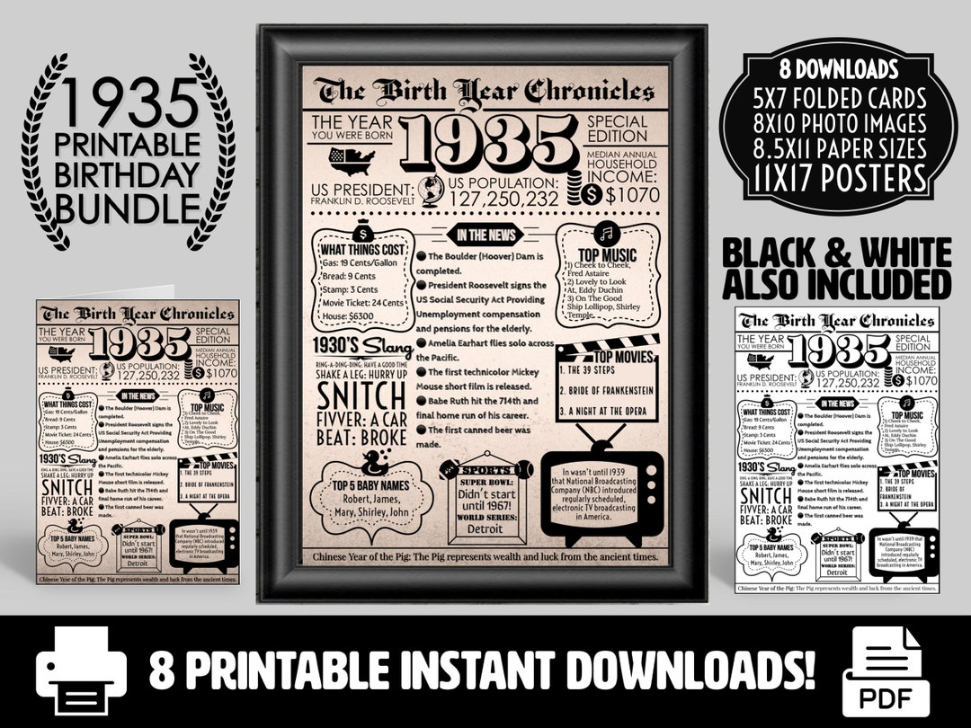 1935 PRINTABLE Vintage Newspaper Year You Were Born Birthday Bundle Card Printout Poster Gifts