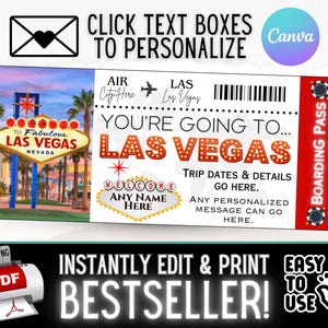 Bilhete de cartão de embarque personalizado editável INSTANTÂNEO para viagem em Las Vegas, lembrança de presente, ideia surpresa de férias de Natal e aniversário | PDF para impressão