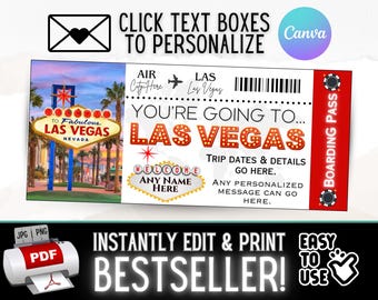 INSTANT EDITABLE Personalized Las Vegas Travel Boarding Pass Ticket Gift Souvenir, Surprise Christmas Vacation Birthday Idea | Printable pdf