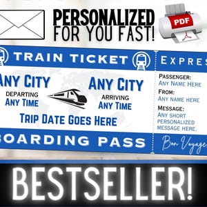 PERSONNALISÉ POUR VOUS Voyage en train, carte d'embarquement, billet cadeau souvenir | Bon cadeau d'idée d'anniversaire pour les vacances de Noël surprise | PDF imprimable
