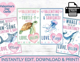 Sea Animals EDITABLE Personalized Watercolor Valentines Day Cards | Printable Template | Sea Turtle, Shark, Whale, Jellyfish Valentine Card