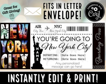 INSTANT EDITABLE Personnalisé New York City Travel Boarding Pass Ticket Cadeau Souvenir | Idée surprise de vacances de Noël | New York PDF imprimable