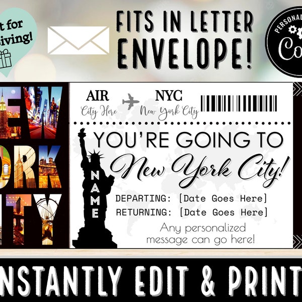 EDITABLE INSTANTE Personalizado Tarjeta de embarque de viaje de la ciudad de Nueva York Regalo de boleto Recuerdo / Idea sorpresa de vacaciones de Navidad / nyc Imprimible pdf