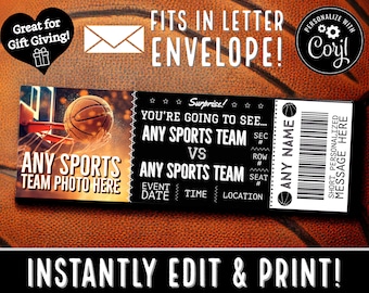 INSTANTLY EDIT Basketball Game Ticket Stub Template Gift Souvenir | Gift Professional Sports Tickets Christmas | Print | pdf Email Delivery