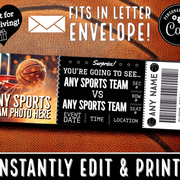 INSTANTLY EDIT Basketball Game Ticket Stub Template Gift Souvenir | Gift Professional Sports Tickets Christmas | Print | pdf Email Delivery