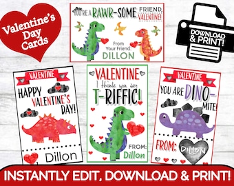 Dinosaurs EDITABLE Personalized Watercolor Valentines Day Cards | Printable Template | Valentine Card | Boys | Dino | Toddler Trex Jurassic