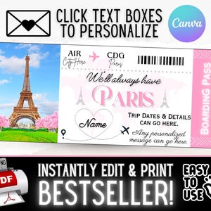 SOFORT BEARBEITBAR Personalisierte PARIS Reise Bordkarte Ticket Geschenk Souvenir | Überraschung Weihnachten Urlaub Geburtstag Idee | Druckbare pdf