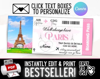 May include: Printable boarding pass design featuring a pink and white color scheme with a graphic of the Eiffel Tower. The text reads "We'll always have Paris" and includes customizable text boxes for names, dates, and messages.