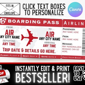 Gifs de cartão de embarque de viagem de passagem aérea personalizada INSTANTÂNEAMENTE EDITÁVEIS | Ideia surpresa de férias de Natal para aniversário | PDF para impressão