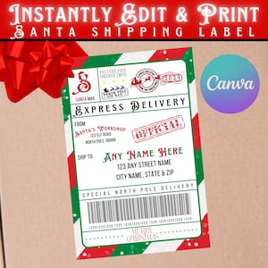 Plantilla de etiqueta de envío de Papá Noel personalizada y editable / Correo del Polo Norte navideño imprimible / Ideas de regalos personalizados / Paquete tardío