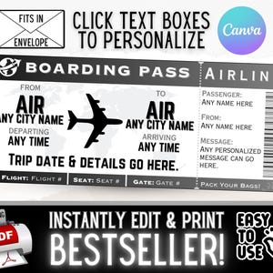 Gifs de cartão de embarque de viagem de passagem aérea personalizada INSTANTÂNEAMENTE EDITÁVEIS | Ideia surpresa de férias de Natal para aniversário | PDF para impressão