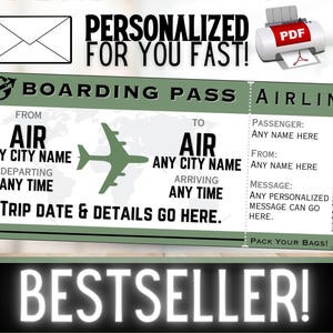 PERSONNALISÉ POUR VOUS Avion Vol Voyage Carte d'embarquement Billet cadeau | Bon cadeau d'idée d'anniversaire pour les vacances de Noël surprise | PDF imprimable