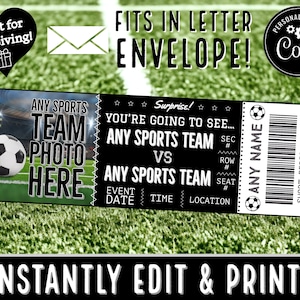 Modello di biglietto per partita di calcio MODIFICA IMMEDIATAMENTE / Biglietti per eventi sportivi professionistici da regalare a Natale / Souvenir da regalare / Stampa PDF via e-mail