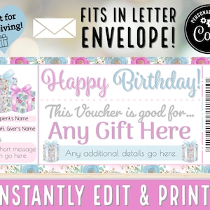 EDITAR AL INSTANTE Regalos de feliz cumpleaños Cupón de vale Certificado de regalo para regalar experiencias pdf Imprimible / Niñas Niños Mujeres - #13