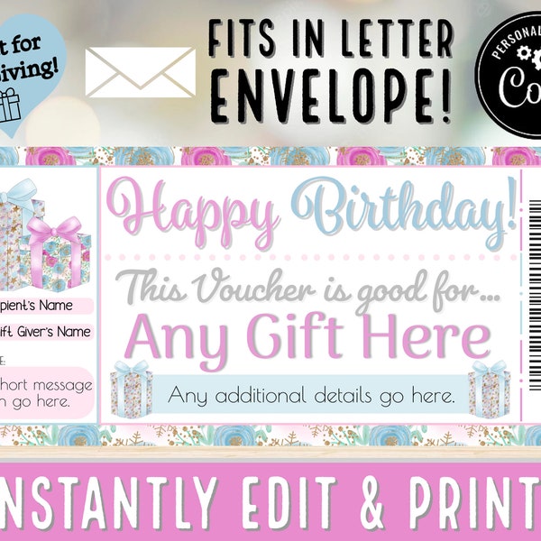 INSTANTLY EDIT Happy Birthday Presents Voucher Coupon Gift Certificate for Experience Gift Giving pdf Printable | Girls Kids Women - #13