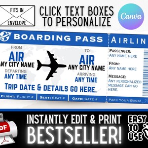 Gifs de cartão de embarque de viagem de passagem aérea personalizada INSTANTÂNEAMENTE EDITÁVEIS | Ideia surpresa de férias de Natal para aniversário | PDF para impressão