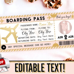 SOFORT EDITIERBARE Rose Gold Pink Bordkarte Flugticket Geschenk - Fluggutschein - Geburtstag Weihnachten Urlaub - Druckbare Pdf Vorlage #7P