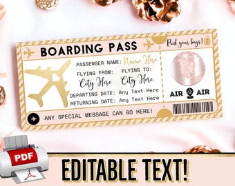 INSTANT EDITABLE Rose Gold Pink Boarding Pass Plane Ticket Gift - Flight Voucher - Birthday Christmas Vacation - Printable pdf Template #7P