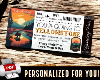 PERSONALISIERT FÜR SIE Yellowstone Wyoming Flugzeug Reise Bordkarte Ticket Geschenk Souvenir | Überraschung Bday Weihnachten Urlaub | Druckbare pdf