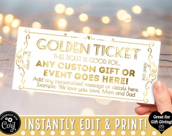 EDITABLE Elegant GOLDEN TICKET Template | Personalized Gift Certificate Coupon Voucher | Printable Template | Valentines Birthday Christmas