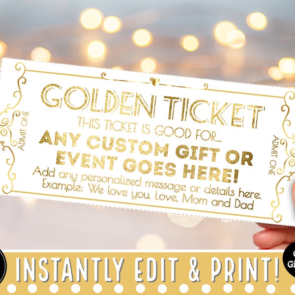 EDITABLE Elegant GOLDEN TICKET Template | Personalized Gift Certificate Coupon Voucher | Printable Template | Valentines Birthday Christmas