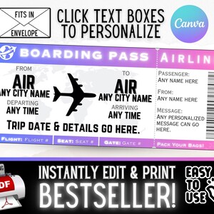 Gifs de cartão de embarque de viagem de passagem aérea personalizada INSTANTÂNEAMENTE EDITÁVEIS | Ideia surpresa de férias de Natal para aniversário | PDF para impressão