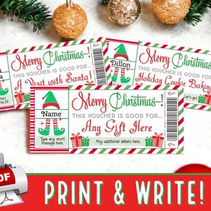 May include: Printable Christmas gift voucher templates featuring a red and green striped design with an elf illustration. The text on the voucher reads "Merry Christmas! This voucher is good for..." followed by a personalized gift idea.