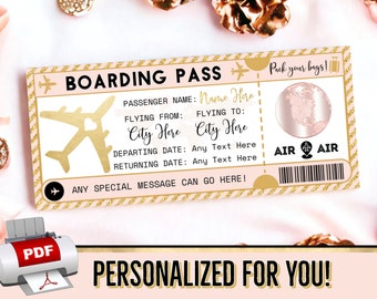 PERSONALIZED FOR YOU Rose Gold Pink Boarding Pass Plane Ticket Gift, Flight Voucher - Birthday Christmas Vacation Printable pdf Template #7P