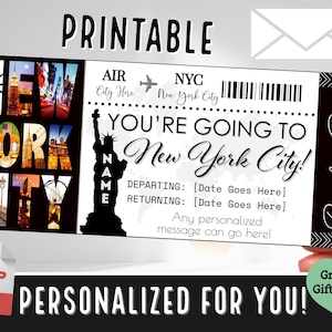 PERSONALISIERT FÜR SIE New York City Reise Bordkarte Ticket Geschenk Souvenir | Überraschung Weihnachtsurlaub Idee Gutschein | nyc Druckbare pdf