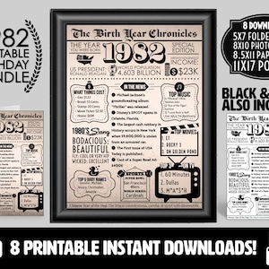 1982 DO WYDRUKOWANIA Vintage Gazeta Rok, w którym się urodziłeś Pakiet urodzinowy | Wydruk karty Plakat Prezenty dla Niego i dla Niej | Co wydarzyło się w 1982 r. Dekoracja imprezowa