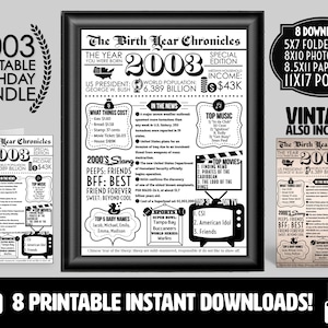 Pacote de aniversário de jornal vintage para impressão de 2003, ano em que você nasceu | do cartaz da impressão do cartão presenteia-o ela | O que aconteceu na decoração da festa de 2003